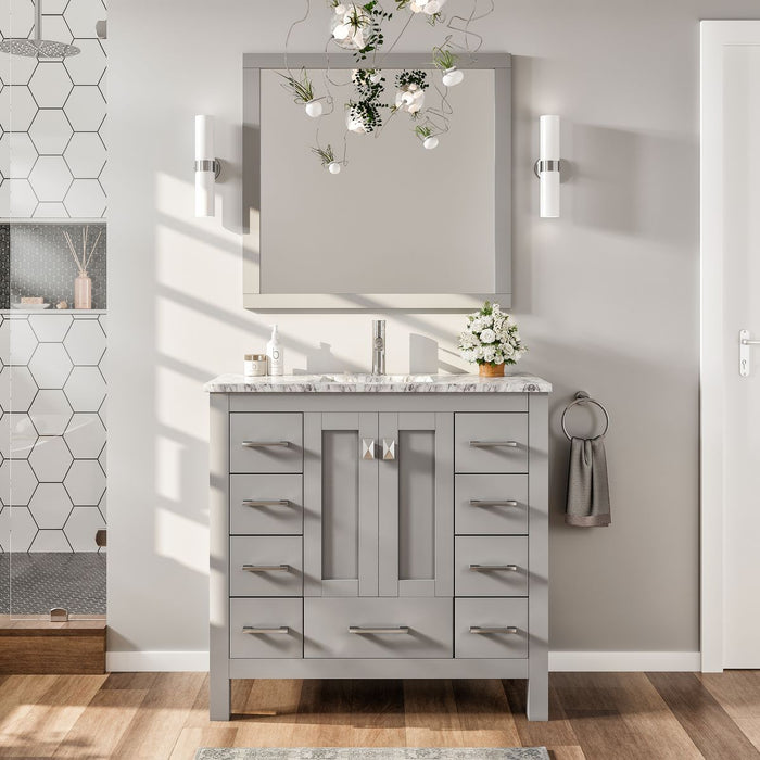 Eviva Hampton 36" x 18" Transitional Bathroom Vanity in Gray or White Finish with White Carrara Countertop and Undermount Porcelain Sink