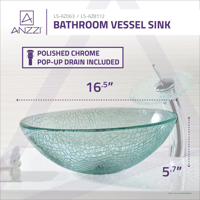 ANZZI Choir Series 17" x 17" Deco-Glass Round Vessel Sink in Crystal Clear Finish with Polished Chrome Pop-Up Drain and Waterfall Faucet LS-AZ063