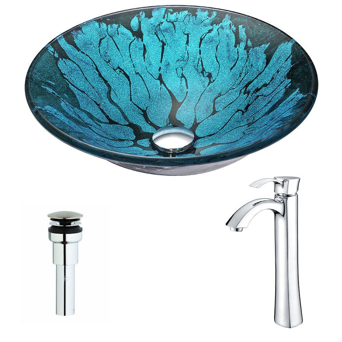 ANZZI Key Series 17" x 17" Deco-Glass Round Vessel Sink in Lustrous Blue and Black Finish with Chrome Pop-Up Drain and Brushed Nickel Faucet