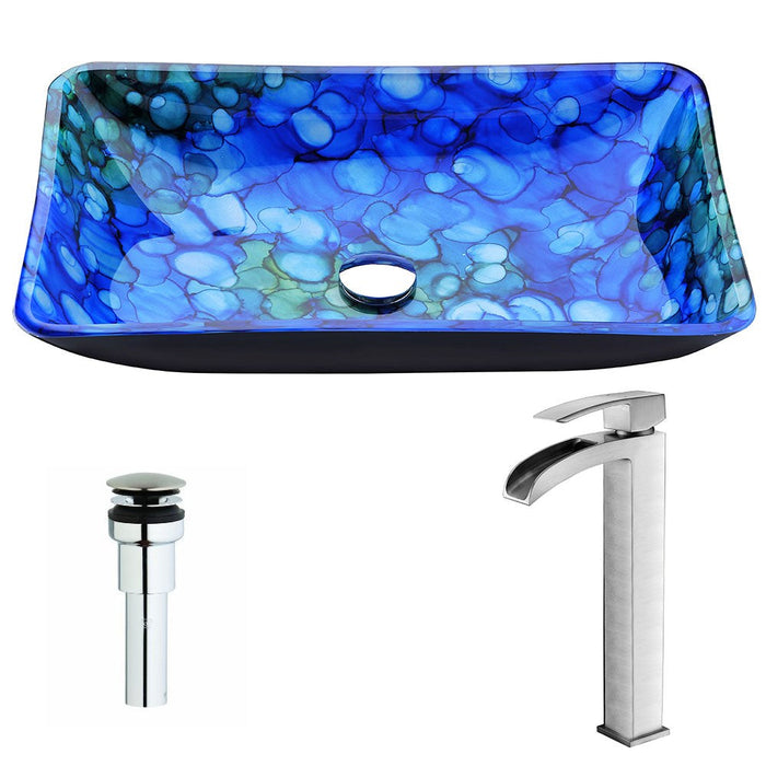 ANZZI Voce Series 23" x 15" Deco-Glass Rectangular Vessel Sink in Lustrous Blue Finish with Polished Chrome Pop-Up Drain and Brushed Nickel Faucet