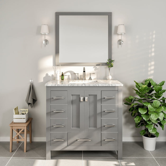 Eviva Hampton 36" Transitional Bathroom Vanity in Gray or White Finish with White Carrara Countertop and Undermount Porcelain Sink