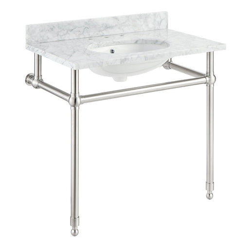 ANZZI Verona Series 34.5" x 34" Console Sink in White Carrara Countertop with Stainless Steel Stand Legs