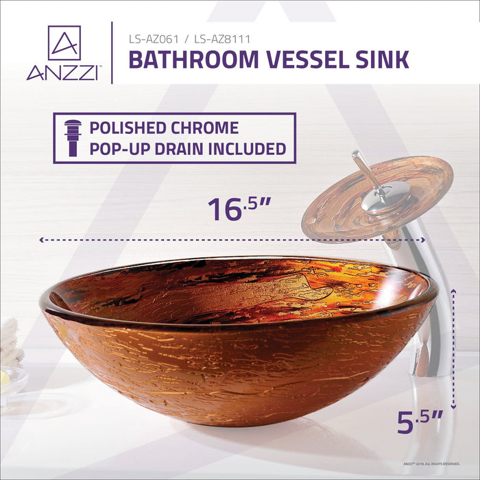 ANZZI Komaru Series 17" x 17" Deco-Glass Round Vessel Sink in Lustrous Brown Finish with Polished Chrome Pop-Up Drain and Waterfall Faucet LS-AZ8111