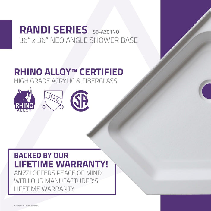 ANZZI Randi Series 36" x 36" Center Drain Neo-Angle Double Threshold White Shower Base with Built-In Tile Flange SB-AZ01NO