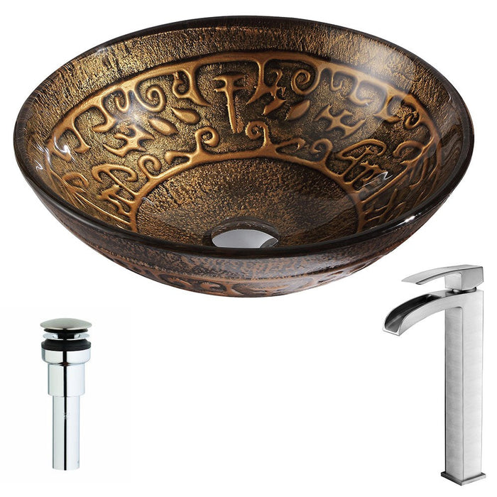 ANZZI Alto Series 17" x 17" Deco-Glass Round Vessel Sink in Lustrous Brown Finish with Chrome Pop-Up Drain and Brushed Nickel Fann Faucet LSAZ079-097B