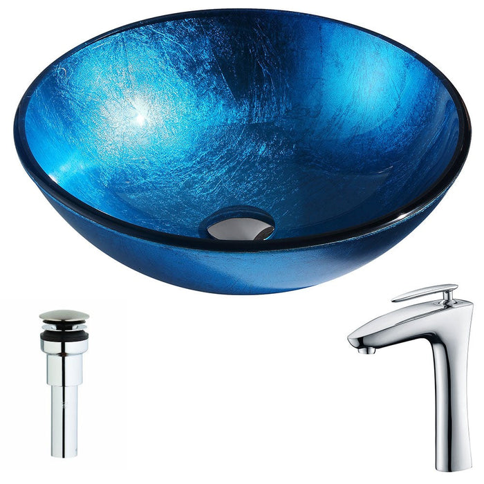 ANZZI Arc Series 17" x 17" Deco-Glass Round Vessel Sink in Lustrous Light Blue Finish with Chrome Pop-Up Drain and Faucet