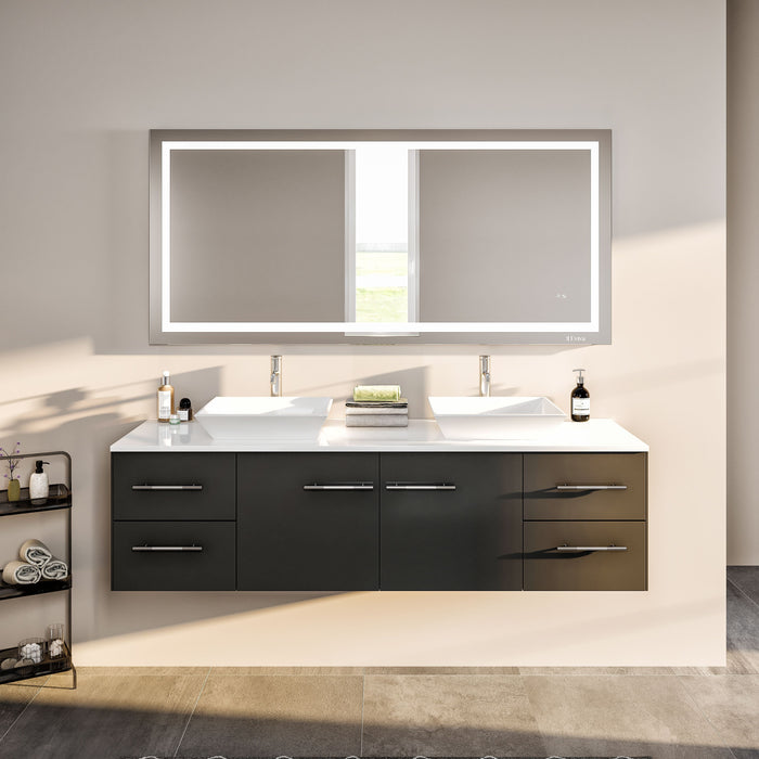 Eviva Totti Wave 60" Modern Double Sink Bathroom Vanity in Espresso, Gray, or White, Finish with Super White Man-Made Stone Countertop & Porcelain Vessel Sinks