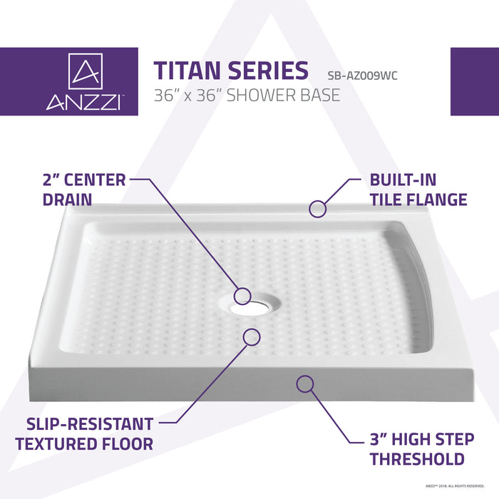ANZZI Titan Series 36" x 36" Center Drain Without Cover Double Threshold White Shower Base with Built-In Tile Flange SB-AZ009WC