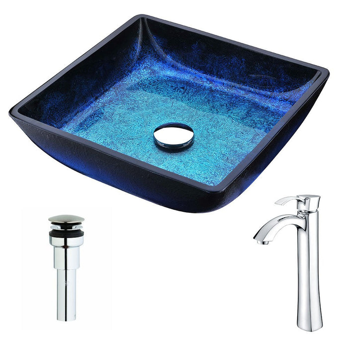 ANZZI Viace Series 15" x 15" Deco-Glass Square Shape Vessel Sink in Blazing Blue Finish with Chrome Pop-Up Drain and Faucet