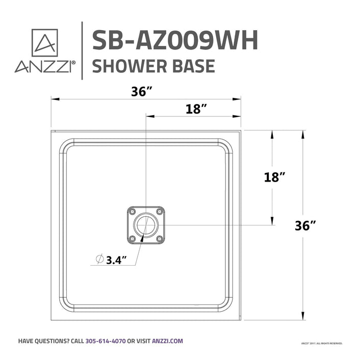 ANZZI Titan Series 36" x 36" Center Side Drain with Cover Double Threshold White Shower Base with Built-In Tile Flange SB-AZ009WH