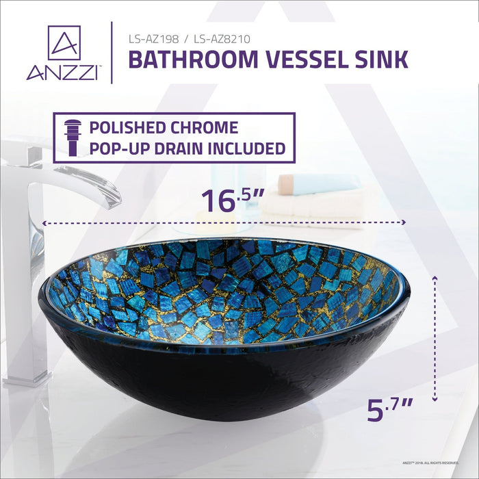 ANZZI Mosaic Series 17" x 17" Deco-Glass Round Vessel Sink in Blue Finish with Polished Chrome Pop-Up Drain LS-AZ198