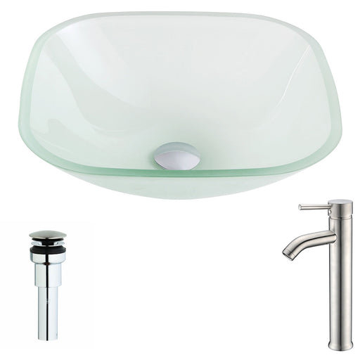 ANZZI Vista Series 17" x 17" Deco-Glass Square Shape Vessel Sink in Lustrous Frosted Finish with Polished Chrome Pop-Up Drain and Brushed Nickel Faucet