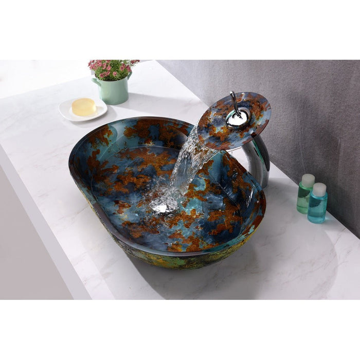 ANZZI Voce Series 22" x 14" Deco-Glass Oval Shape Vessel Sink in Impasto Blue Finish with Polished Chrome Pop-Up Drain LS-AZ192