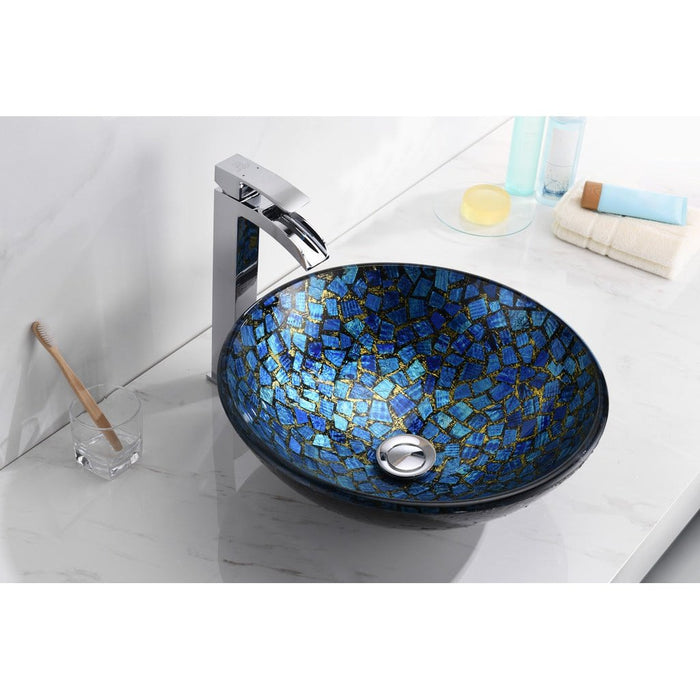 ANZZI Mosaic Series 17" x 17" Deco-Glass Round Vessel Sink in Blue Finish with Polished Chrome Pop-Up Drain LS-AZ198
