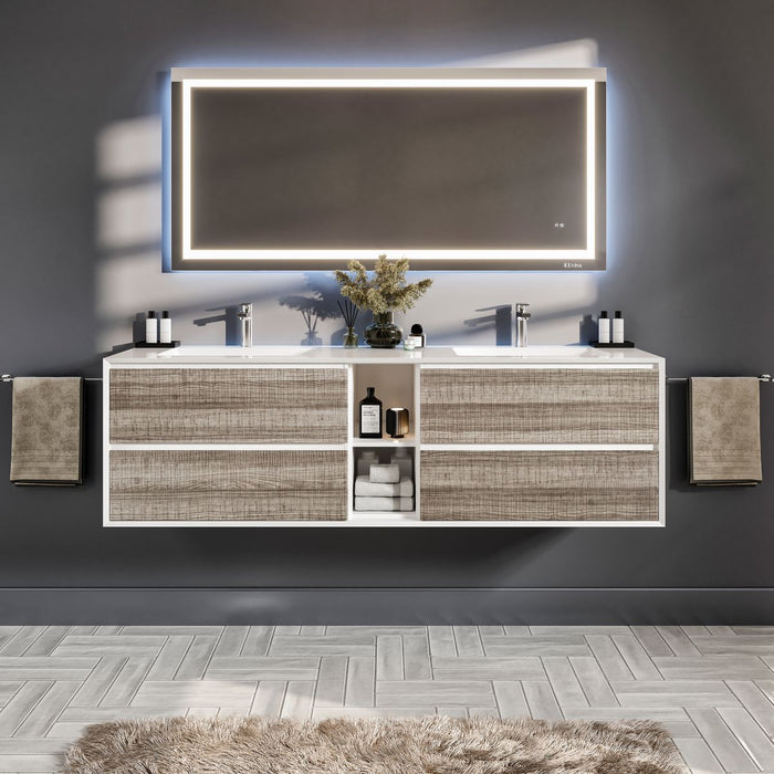 Eviva Vienna 75" Wall Mount Double Sink Bathroom Vanity in Ash w/ White Frame, Cement Gray w/ White Frame, or Gray Oak w/ White Frame Finish with White Integrated Acrylic Top