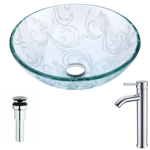 ANZZI Vieno Series 17" x 17" Deco-Glass Round Vessel Sink in Crystal Clear Floral Finish with Chrome Pop-Up Drain and Faucet