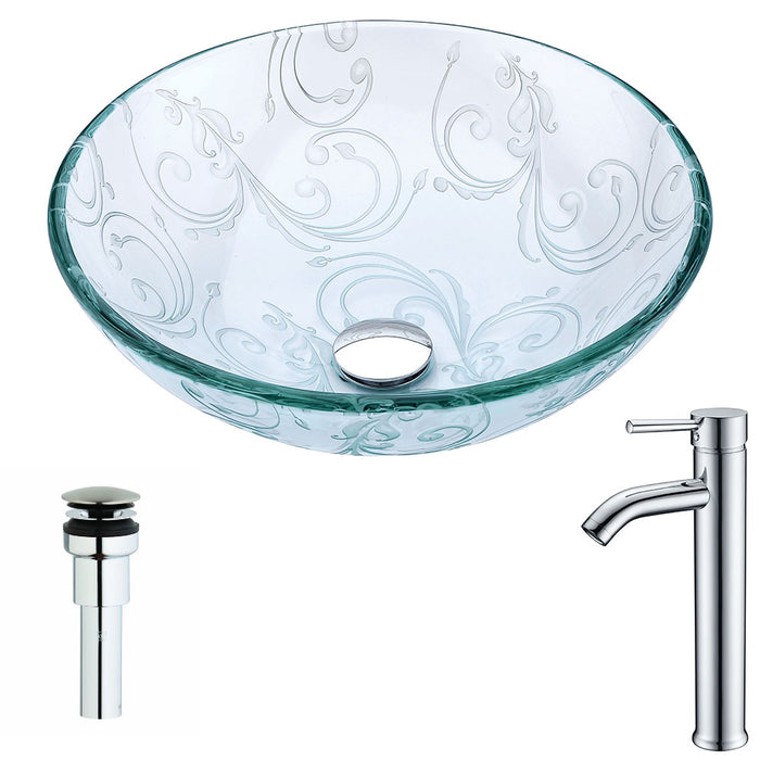 ANZZI Vieno Series 17" x 17" Deco-Glass Round Vessel Sink in Crystal Clear Floral Finish with Chrome Pop-Up Drain and Faucet