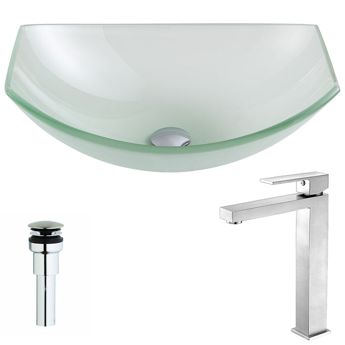 ANZZI Pendant Series 20" x 15" Deco-Glass Oval Shape Vessel Sink in Lustrous Frosted Finish with Polished Chrome Pop-Up Drain and Brushed Nickel Faucet