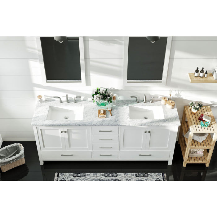 Eviva Aberdeen 84" Transitional Double Sink Bathroom Vanity in Espresso, Gray or White Finish with White Carrara Marble Countertop and Undermount Porcelain Sinks