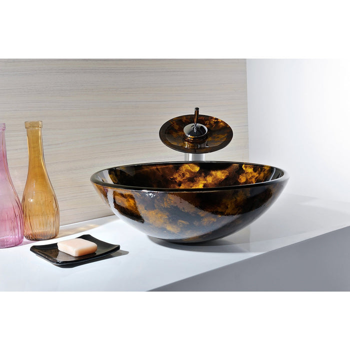 ANZZI Toa Series 17" x 17" Deco-Glass Round Vessel Sink in Kindled Amber Finish with Polished Chrome Pop-Up Drain and Waterfall Faucet LS-AZ8102