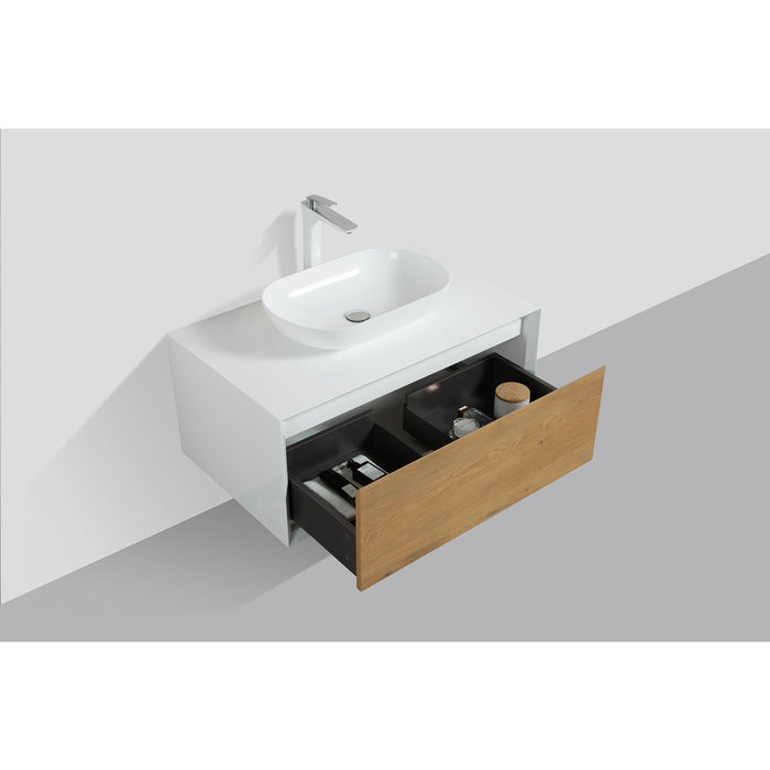 Eviva Santa Monica 36" Wall Mount Bathroom Vanity in Gray Oak, Rosewood or Matte White Finish with Solid Surface Vessel Sink