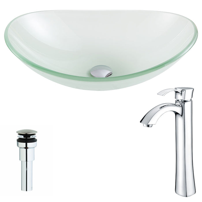 ANZZI Forza Series 15" x 15" Deco-Glass Oval Shape Vessel Sink in Lustrous Frosted Finish with Polished Chrome Pop-Up Drain and Faucet