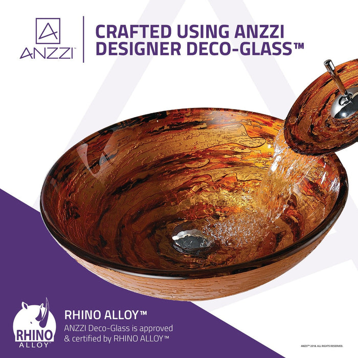 ANZZI Stanza Series 17" x 17" Deco-Glass Round Vessel Sink in Brown Finish with Polished Chrome Pop-Up Drain and Lustrous Brown Faucet LS-AZ061