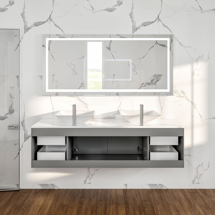 Eviva Totti Wave 60" Modern Double Sink Bathroom Vanity in Espresso, Gray, or White, Finish with Super White Man-Made Stone Countertop & Porcelain Vessel Sinks