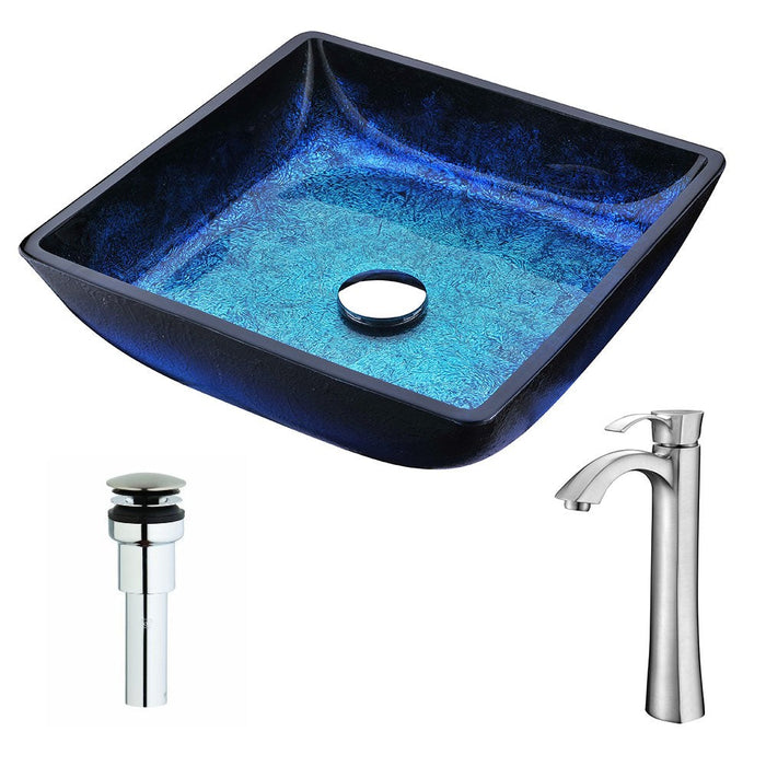 ANZZI Viace Series 15" x 15" Deco-Glass Square Shape Vessel Sink in Blazing Blue Finish with Chrome Pop-Up Drain and Brushed Nickel Faucet
