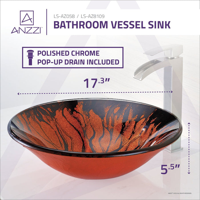 ANZZI Forte Series 17" x 17" Deco-Glass Round Vessel Sink in Lustrous Red & Black Finish with Polished Chrome Pop-Up Drain LS-AZ058