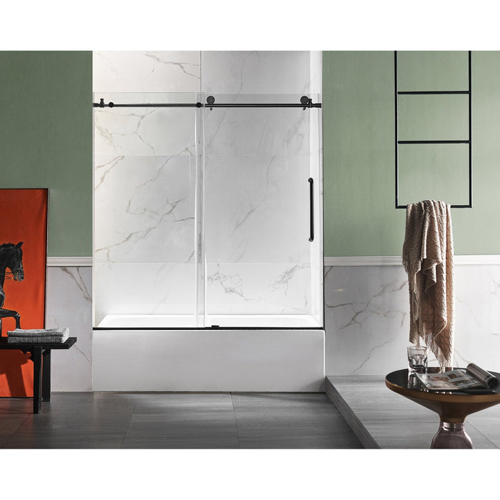 ANZZI Don Series White "60 x 32" Alcove Rectangular Bathtub with Built-In Flange and Frameless Matte Black Sliding Door