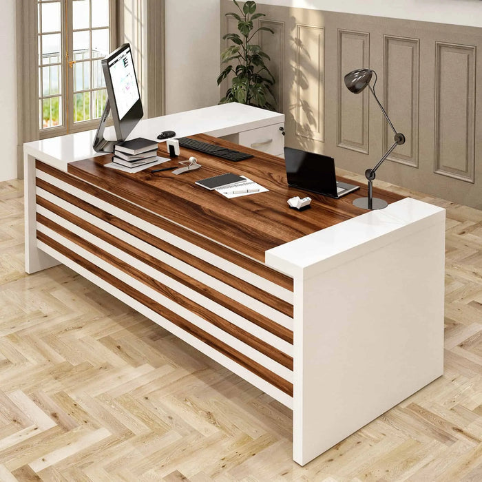Casa Mare LEON 87″ Modern L-Shaped Home & Office Furniture Desk White & Brown