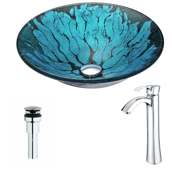 ANZZI Key Series 17" x 17" Deco-Glass Round Vessel Sink in Lustrous Blue and Black Finish with Polished Chrome Pop-Up Drain and Faucet