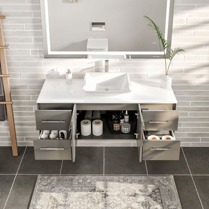 Eviva Totti Wave 48" Modern Bathroom Vanity in Gray, or White, Finish with Super White Man-Made Stone Countertop and Porcelain Vessel Sink