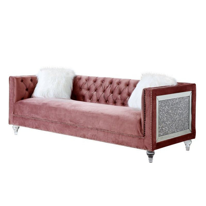 Acme Furniture Heibero II Sofa W/2 Pillows in Pink Velvet & Faux Diamond Trim LV00327