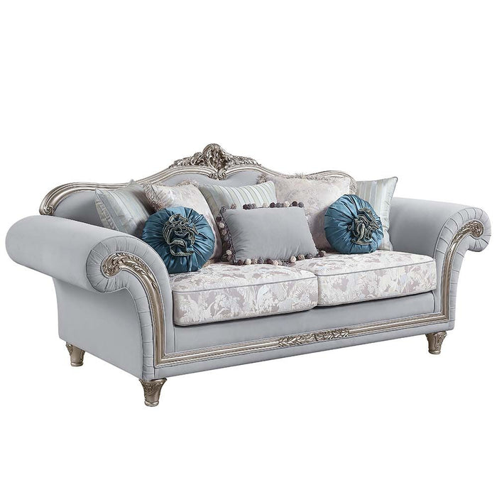 Acme Furniture Pelumi Sofa W/8 Pillows in Light Gray Linen & Platinum Finish LV01112