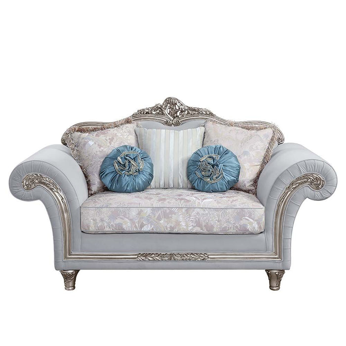 Acme Furniture Pelumi Loveseat W/5 Pillows in Light Gray Linen & Platinum Finish LV01113