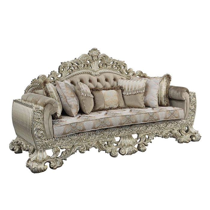 Acme Furniture Sorina Sofa W/7 Pillows in Velvet, Fabric & Antique Gold Finish LV01205