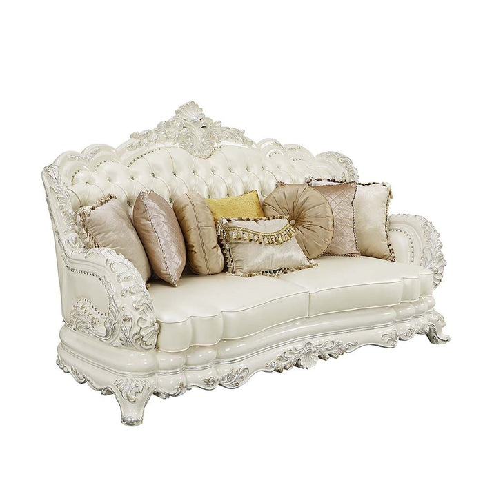 Acme Furniture Adara Sofa W/7 Pillows in Pearl White PU & Antique White Finish LV01224