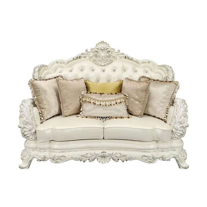 Acme Furniture Adara Loveseat W/5 Pillows in Pearl White PU & Antique White Finish LV01225