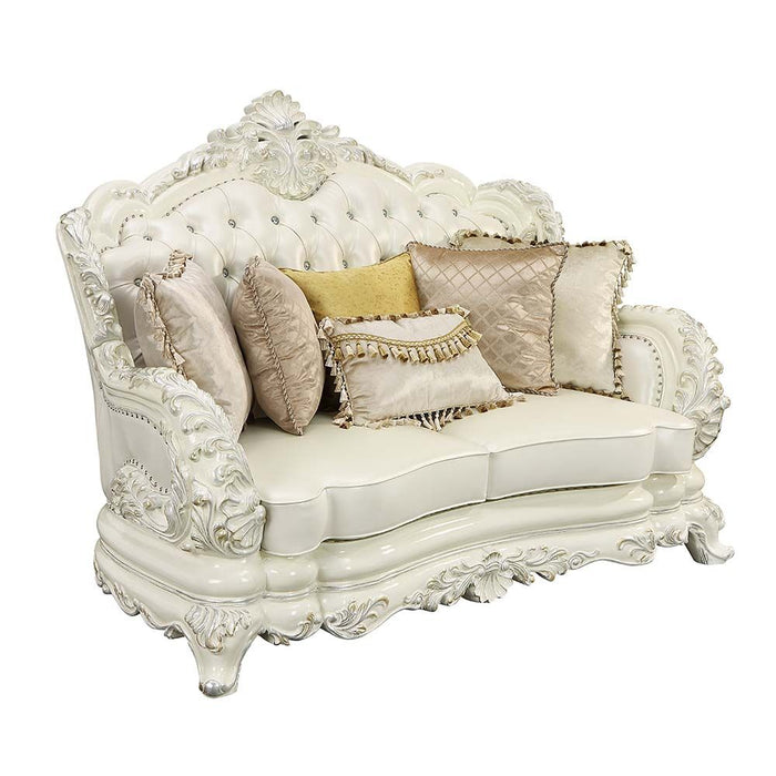 Acme Furniture Adara Loveseat W/5 Pillows in Pearl White PU & Antique White Finish LV01225