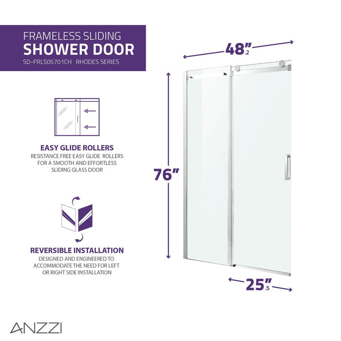 ANZZI Rhodes Series 48" x 76" Frameless Rectangular Sliding Shower Door with Tsunami Guard