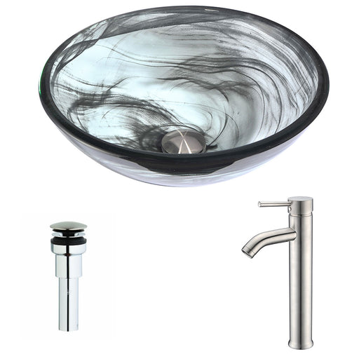 ANZZI Mezzo Series 17" x 17" Deco-Glass Round Vessel Sink in Slumber Wisp Finish with Polished Chrome Pop-Up Drain and Brushed Nickel Faucet