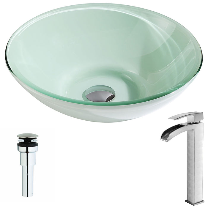 ANZZI Sonata Series 16" x 16" Deco-Glass Round Vessel Sink in Lustrous Light Green Finish with Polished Chrome Pop-Up Drain and Brushed Nickel Faucet