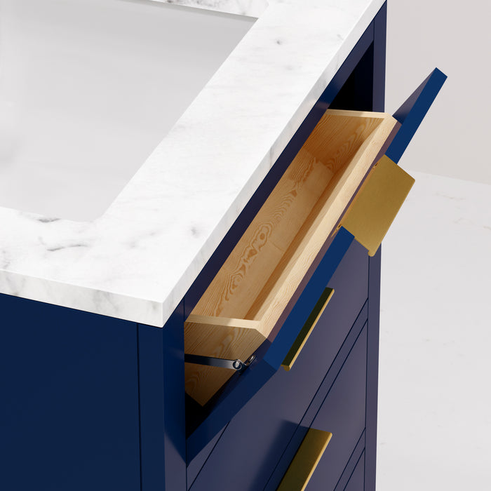 Water Creation Bristol Bristol 24 In. Single Sink Carrara White Marble Countertop Bath Vanity in Monarch Blue with Satin Gold Hook Faucet and Rectangular Mirror