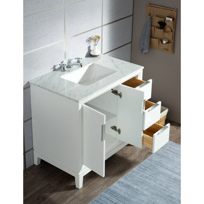 Water Creation Elizabeth Elizabeth 36-Inch Single Sink Carrara White Marble Vanity In Pure White With Matching Mirror s and F2-0009-01-BX Lavatory Faucet s EL36CW01PW-R21BX0901