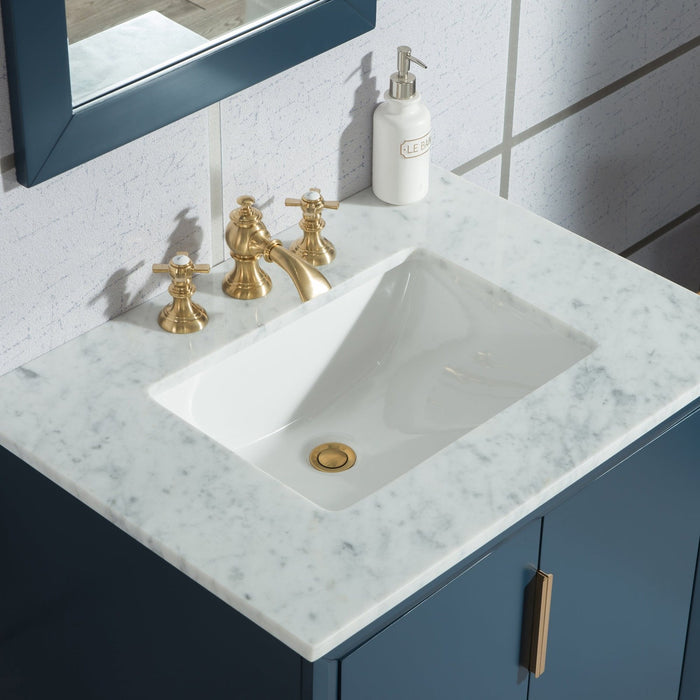 Water Creation Elizabeth Elizabeth 30-Inch Single Sink Carrara White Marble Vanity In Monarch Blue With F2-0013-06-FX Lavatory Faucet s EL30CW06MB-000FX1306