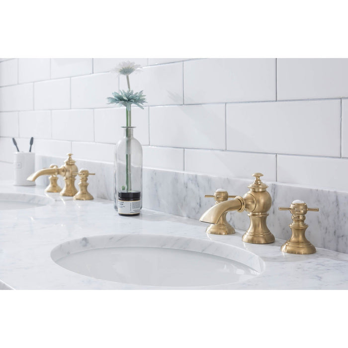 Water Creation Embassy Embassy 72 Inch Wide Double Wash Stand, P-Trap, Counter Top with Basin, F2-0013 Faucet and Mirror included in Satin Gold Finish EB72E-0613