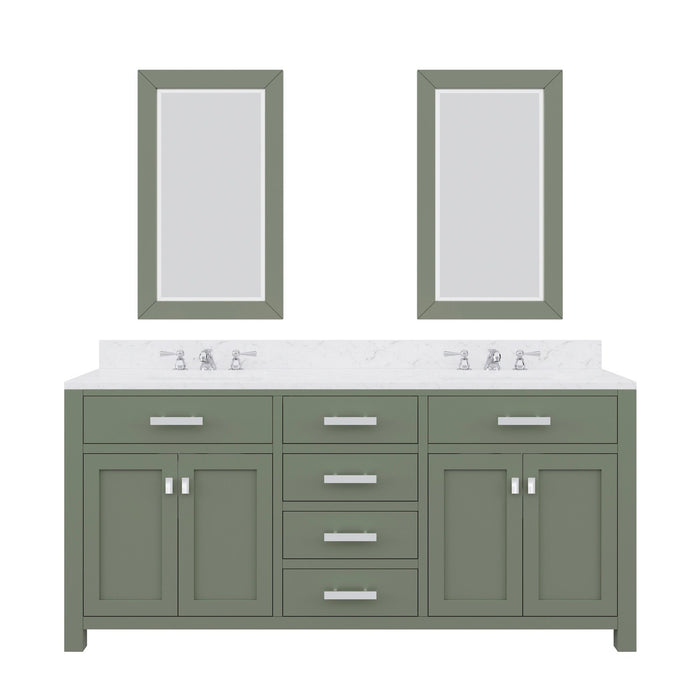 Water Creation Madison 72" Double Sink Carrara White Marble Countertop Vanity in Glacial Green with Classic Faucet and Mirror