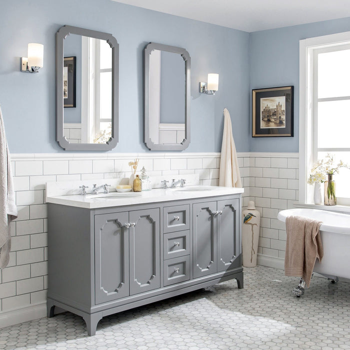 Water Creation Queen Queen 60-Inch Double Sink Quartz Carrara Vanity In Cashmere Grey With Matching Mirror s and F2-0009-01-BX Lavatory Faucet s QU60QZ01CG-Q21BX0901